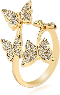 Bague papillon en or pour femmes, bagues réglables en zircone cubique brillant, bijoux