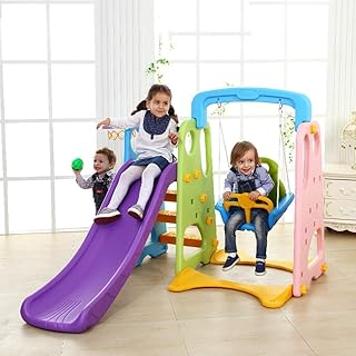 Jouet balançoire et toboggan arc-en-ciel 3 en 1 avec ensemble de basket-ball multicolore