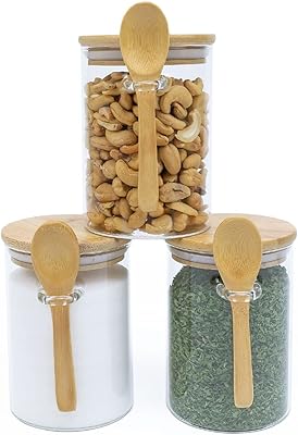 Ensemble de 3 bocaux en verre hermétiques avec couvercles en bambou et cuillères