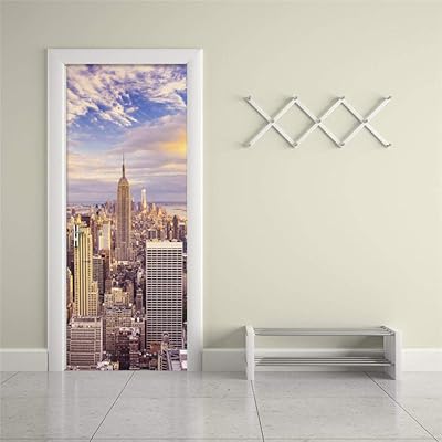 Yyzbjaoz pvc autocollant de porte autocollant 3d bâtiment de ville papier peint salon
