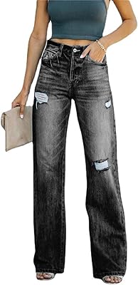 Jean droit taille large en denim à jambe large pour femme, pantalon à