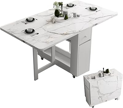 Table à manger pliable avec étagère de rangement et 2 tiroirs de rangement