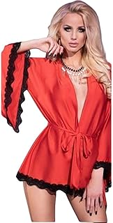 Kimono court sexy à col en v lingerie satin de dentelle pour femme