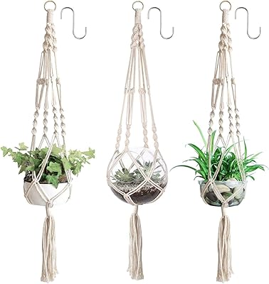 Paquet de 3 cintres pour plantes en macramé d'intérieur et d'extérieur avec crochets
