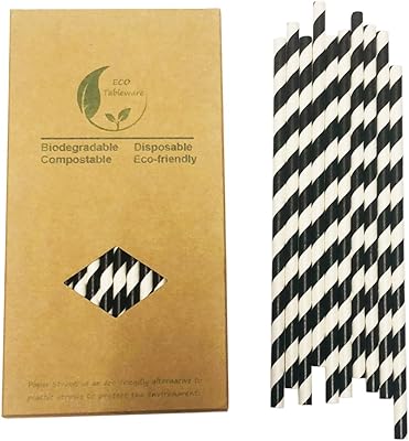 Pailles en papier rayées noires et blanches, excellentes pailles biodégradables pour 100 fêtes