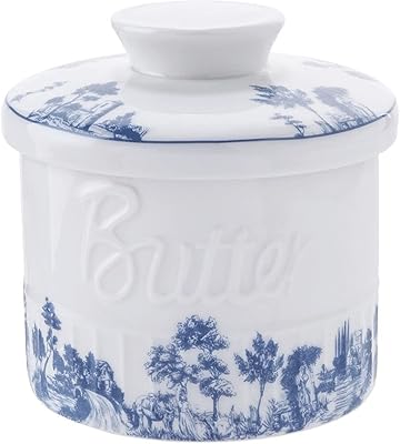 Beurrier en céramique avec couvercle kiadia, design poterie antique - porcelaine bleue