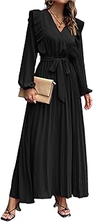 Robe longue plissée pour femmes col en v manches courtes à