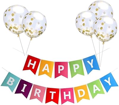 Bannière de joyeux anniversaire colorée tailbeat avec 5 ballons à confettis dorés, bannière