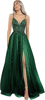 Robes de bal en dentelle, col en v, paillettes, tulle, bretelles spaghetti, robes
