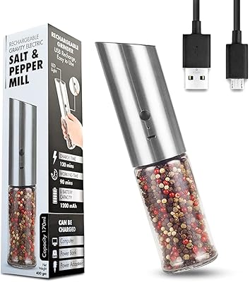 Moulin à sel et à poivre électrique rechargeable avec lumière led, acier inoxydable