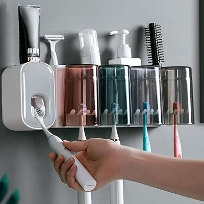 Porte-brosse à dents mural avec distributeur multifonction peu encombrant avec 4 tasses