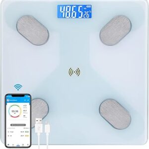 Balance intelligente multifonctionnelle sky-touch pour mesurer la graisse corporelle, balance numérique intelligente led avec application pour smartphone, prend en charge 17 langues et mesure de la température interne, 260 x 260 x 23 mm, blanc. Diaytar : Qualité professionnelle, prix grand public