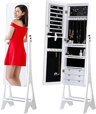 Armoire à miroir sur pied, armoire de rangement à bijoux verrouillable avec intérieur en velours, 3 coins réglables - blanc. Simplifiez vos achats avec Diaytar, le e-commerce nouvelle génération