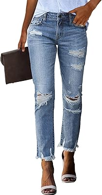 Hettiper jean boyfriend déchiré taille mi-haute pour femme, extensible, coupe ample