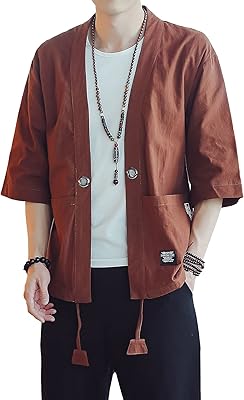 Doslavida manteau pour hommes kimono décontracté en coton et lin ouvert sur le devant
