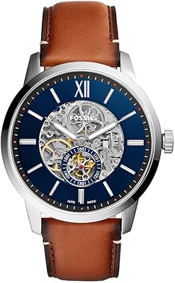 Montre townsman fossil pour homme, taille du boîtier 48 mm, mouvement mécanique automatique, bracelet en cuir, argent. Diaytar Sénégal : Parce que chaque FCFA compte