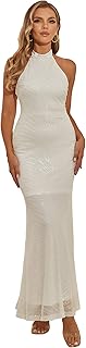 Robe formelle longue blanche sirène à sequins contrastés licou pour femme