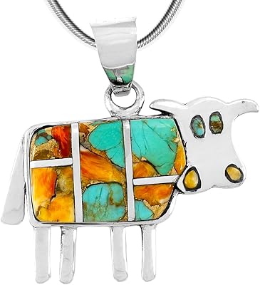 Collier pendentif vache en turquoise et pierres précieuses en argent sterling 925
