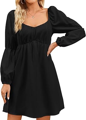 Robe décontractée à col carré pour femmes, manches longues bouffantes, mini-robe trapèze fluide