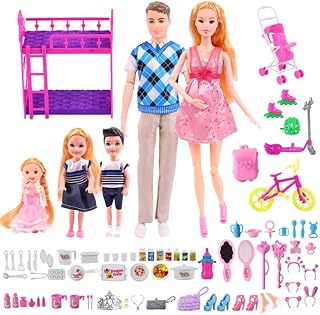 Ensemble de poupées familiales pour 6 personnes avec 70 accessoires, maman enceinte, papa
