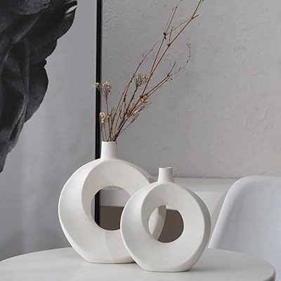 Ensemble de 2 vases en forme de beignet en céramique blanche pour une décoration