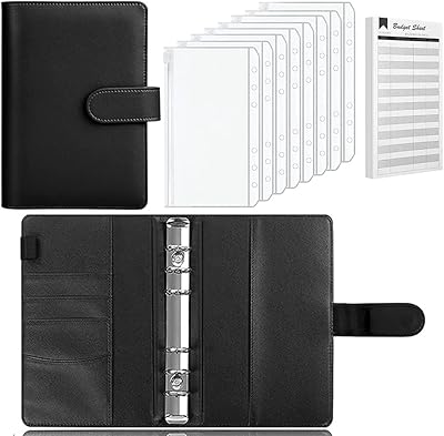 Classeur de budget en cuir pu a6, 6 anneaux, 8 pochettes, 12 documents