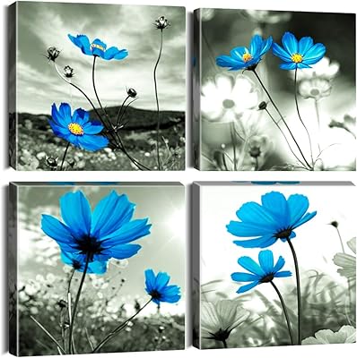 Autostar 4 pièces d'impression sur toile - peinture de fleurs bleues - illustration moderne encadrée pour salle de bain, maison, bureau, décoration 12 x pouces. Transformez votre façon de consommer avec Diaytar Sénégal