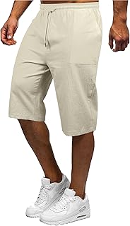 Short 3-4 ample en coton et lin pour hommes décontracté d'été avec poche