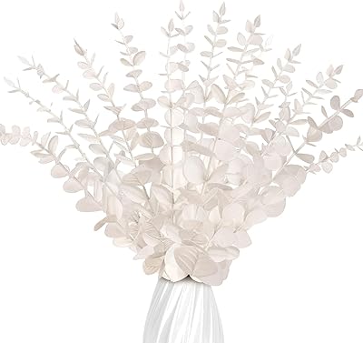 Homarket 30 pièces tiges d'eucalyptus artificielles blanc pur, branches d'eucalyptus artificielles feuilles, fausse