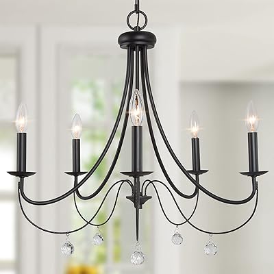 Lustre de ferme en rondins, lustre noir à 5 lumières pour salle à