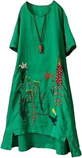 Robe d'été trapèze en lin brodée pour femmes, robe longue à col bas