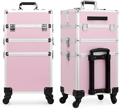 Grande trousse de maquillage à roulettes, trousse de train roulant, organisateur de maquillage professionnel, trousse de maquillage de voyage portable à roulettes, rose - 3 couches. Shoppez futé, shoppez Diaytar Sénégal