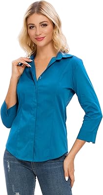 Chemises formelles boutonnées pour femmes, chemise formelle extensible blanche à manches 3/4 pour