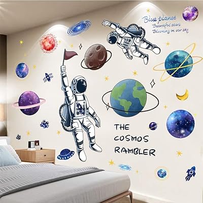 Décor mural de l'espace pour chambre de garçons planètes colorées fusée vaisseau