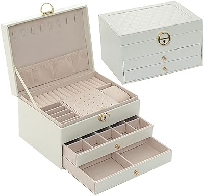 Organisateur de bijoux en simili cuir boîte à pour femme grande avec serrure