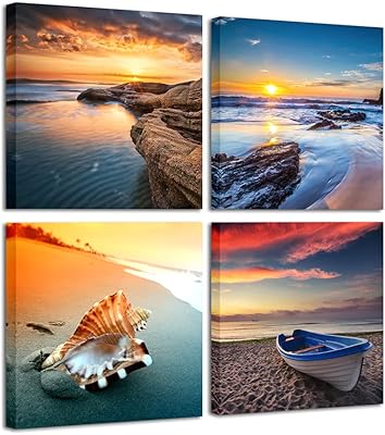 Byradecor toile murale moderne avec coucher de soleil sur la plage, 4 panneaux tendus et encadrés, impressions giclées sur toile pour salon, chambre à coucher, décoration de bureau à domicile. Transformez votre façon de consommer avec Diaytar Sénégal