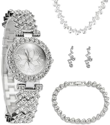 Coffret cadeau de luxe en cristal pour femmes, montre-bracelet, collier, boucles d'oreilles, bague