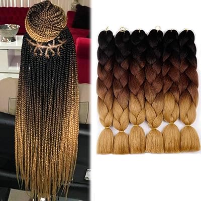 6 pièces d'extensions de cheveux tressés au crochet brun ombré, 100 g, tresses