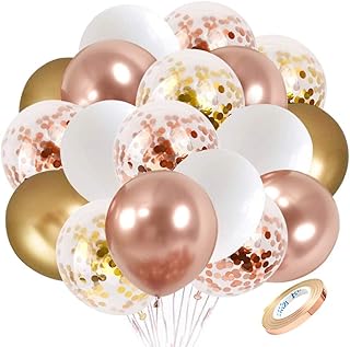 60 ballons en latex avec confettis or rose 12" blanc métallisé avec ruban