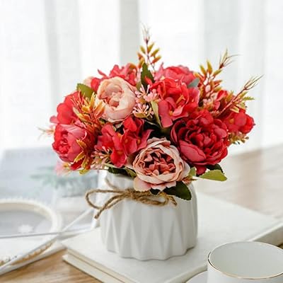 Fleurs artificielles en soie avec vase en céramique, bouquets de mariage pour décoration