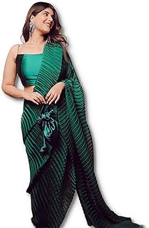 Sari en satin plissé/plissé avec chemisier non cousu, taille unique
