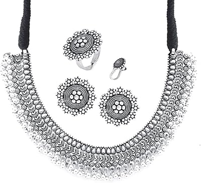 Collier traditionnel allemand classique en argent oxydé avec boucles d'oreilles, ensemble de bijoux