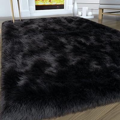 Tapis moelleux, tapis en fausse fourrure noire pour chambre à coucher 3'x5', tapis