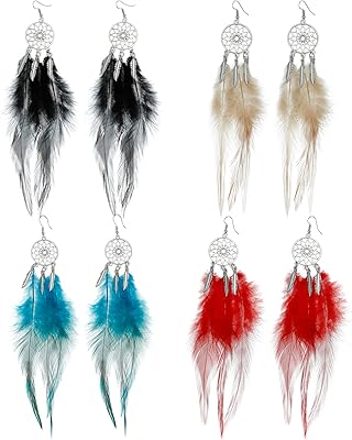 Eachar 4 paires de boucles d'oreilles en fausses plumes pour femmes, attrape-rêves, boucles