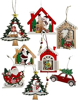 Ornements de noël à suspendre en bois highland 8pcs - père noël, laque