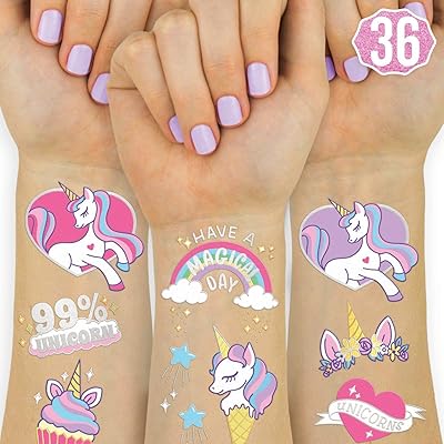 Lingeiher unicorn party supplies tatouages ​​temporaires pour enfants - 36 motifs pailletés |