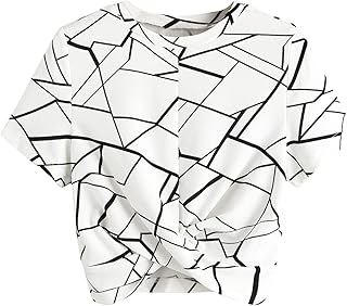 T-shirt à manches courtes et col rond pour femme à imprimé géométrique