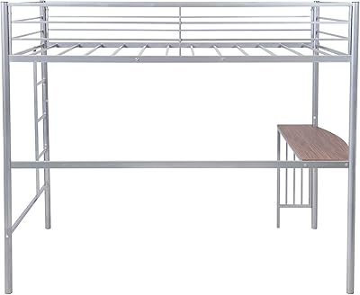 Lit superposé double en métal avec bureau, échelle, rampe et lit supérieur
