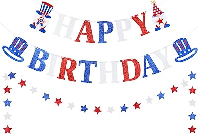 Bannière de joyeux anniversaire à paillettes rouge, blanc et bleu - décorations d'anniversaire