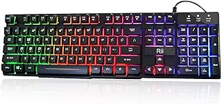 Rii rk100+ clavier de jeu rétroéclairé par led arc-en-ciel multicolore, port usb